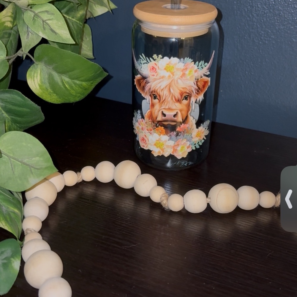 Floral Cow Design Glass Jar with Wooden Lid